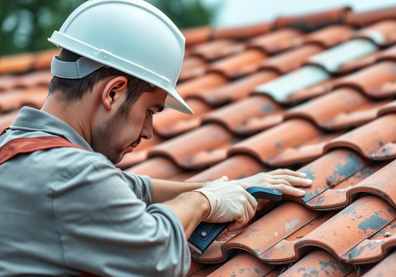 Roofer inspecting tile roof